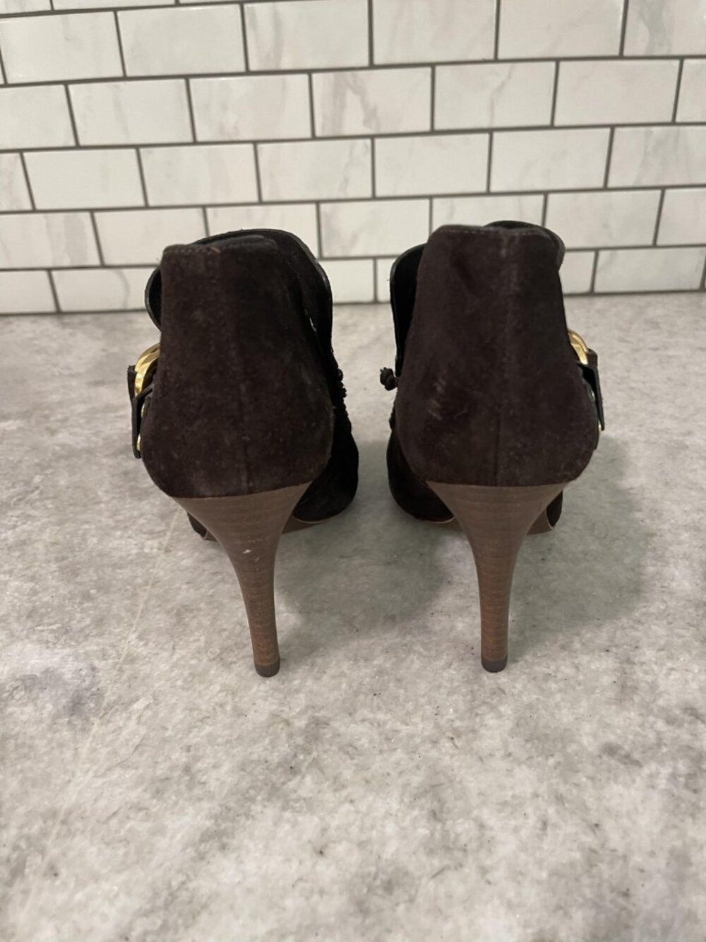 Tory Burch Belen Booties Womens 7.5 Brown Suede Ankle Stiletto Heels Booties - Picture 4 of 13